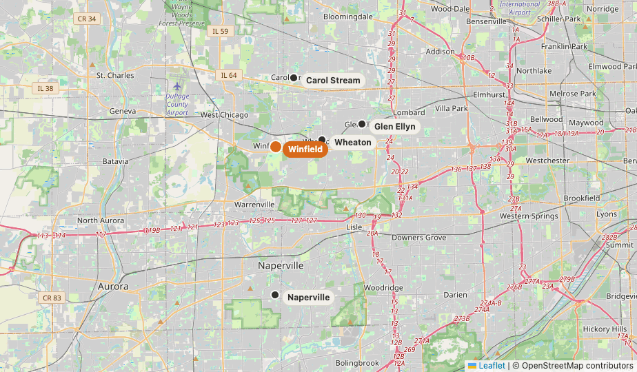 Our service area across DuPage County: Winfield, Wheaton, Glen Ellyn, Carol Stream, and Naperville